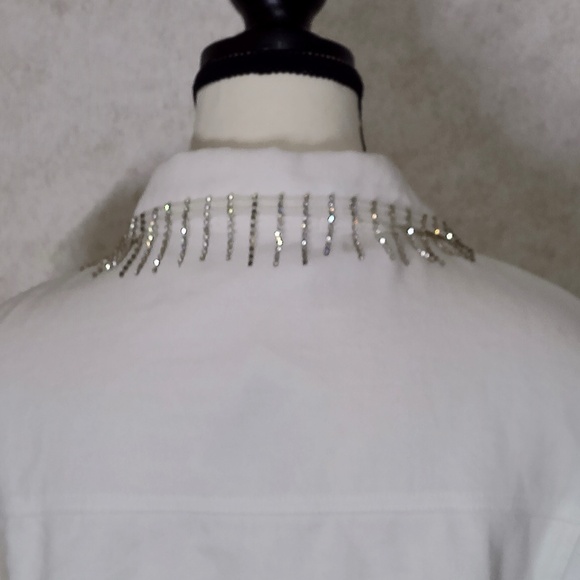 NWT Dee Dee Rhinestone Fringed White Denim Jacket OverSized Small (P23,L16.5) - Picture 4 of 7